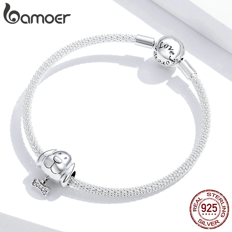 Hạt xâu trang sức Bamoer BSC244 bằng bạc Sterling 925 hình chú cún và xương dùng làm trang sức vòng tay cho nữ