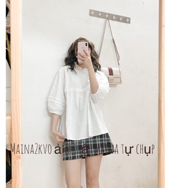 Áo babydoll tiểu thư trắng dáng lỡ tay bồng(ảnh thật/sẵn)