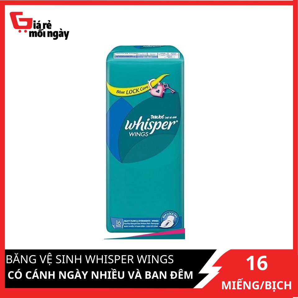 Băng Vệ Sinh Whisper Wings Có Cánh Ngày Nhiều Và Ban Đêm - Gói 16 Miếng