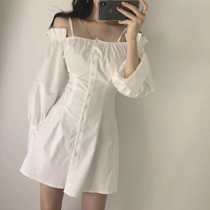 VÁY THIẾT KẾ TRỄ VAI DÀI TAY CÚC DỌC - ĐẦM TRẮNG ĐEN BẸT VAI CHUN BUỘC NƠ ULZZANG HOT - (Sp sẵn)