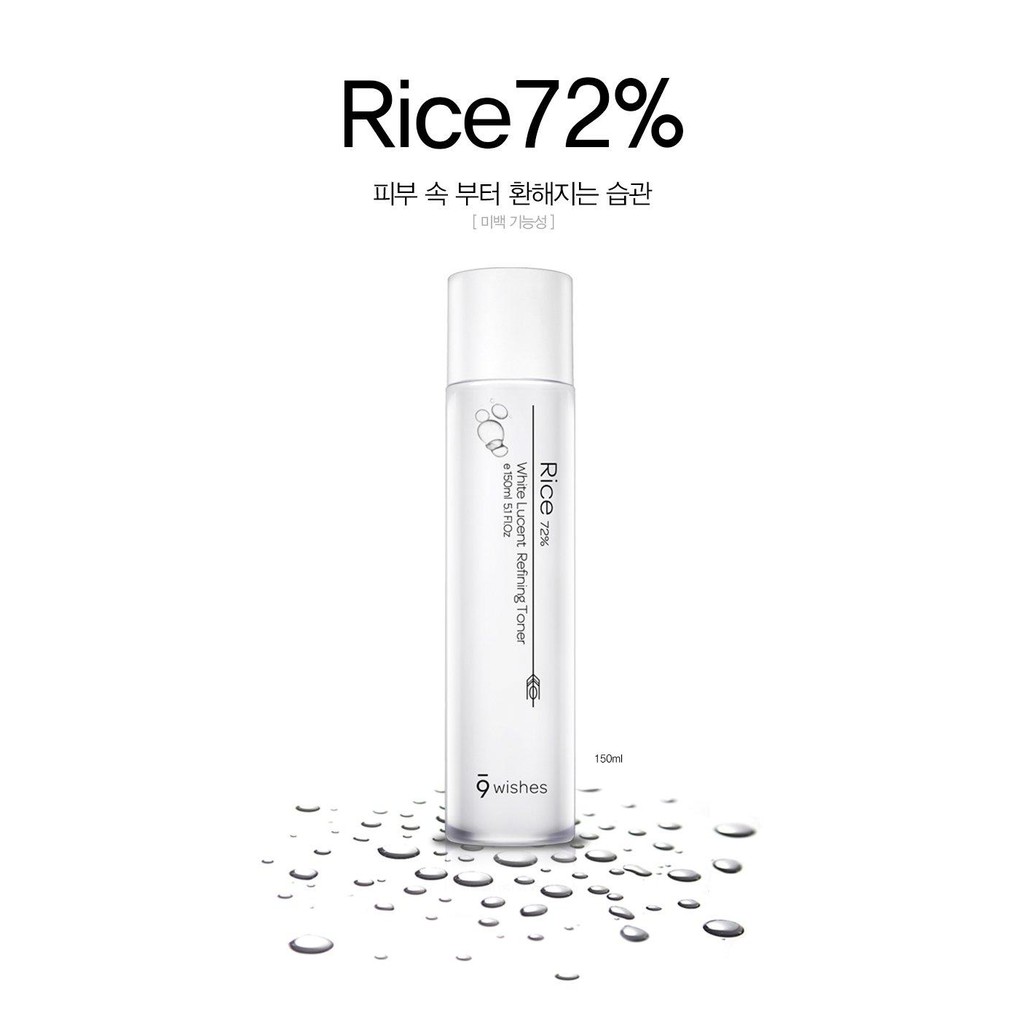 Nước hoa hồng Dưỡng trắng da chuyên sâu 9 wishes Rice 72% White Lucent Refining Toner 150ml