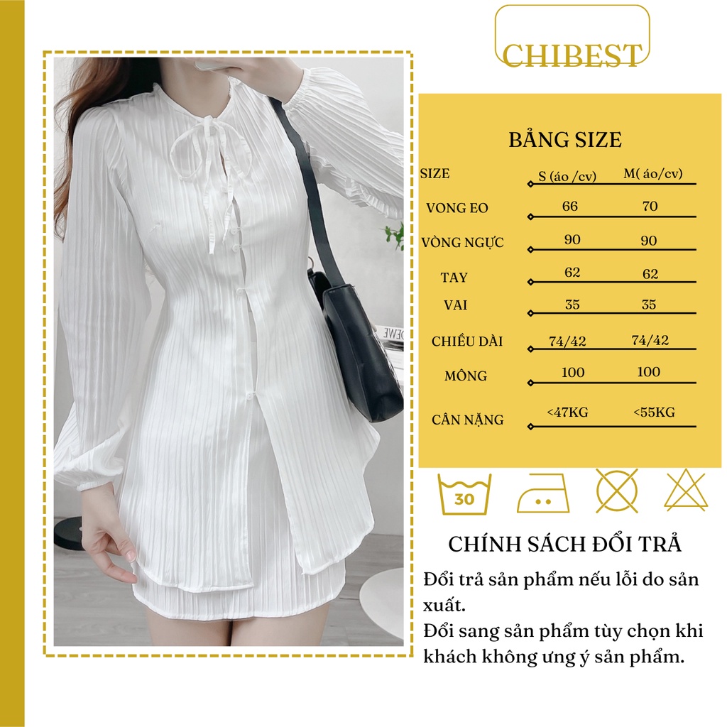 Set áo somi kèm chân váy vân sọc tray dài dây cổ kèm lót CHIBEST DSB81
