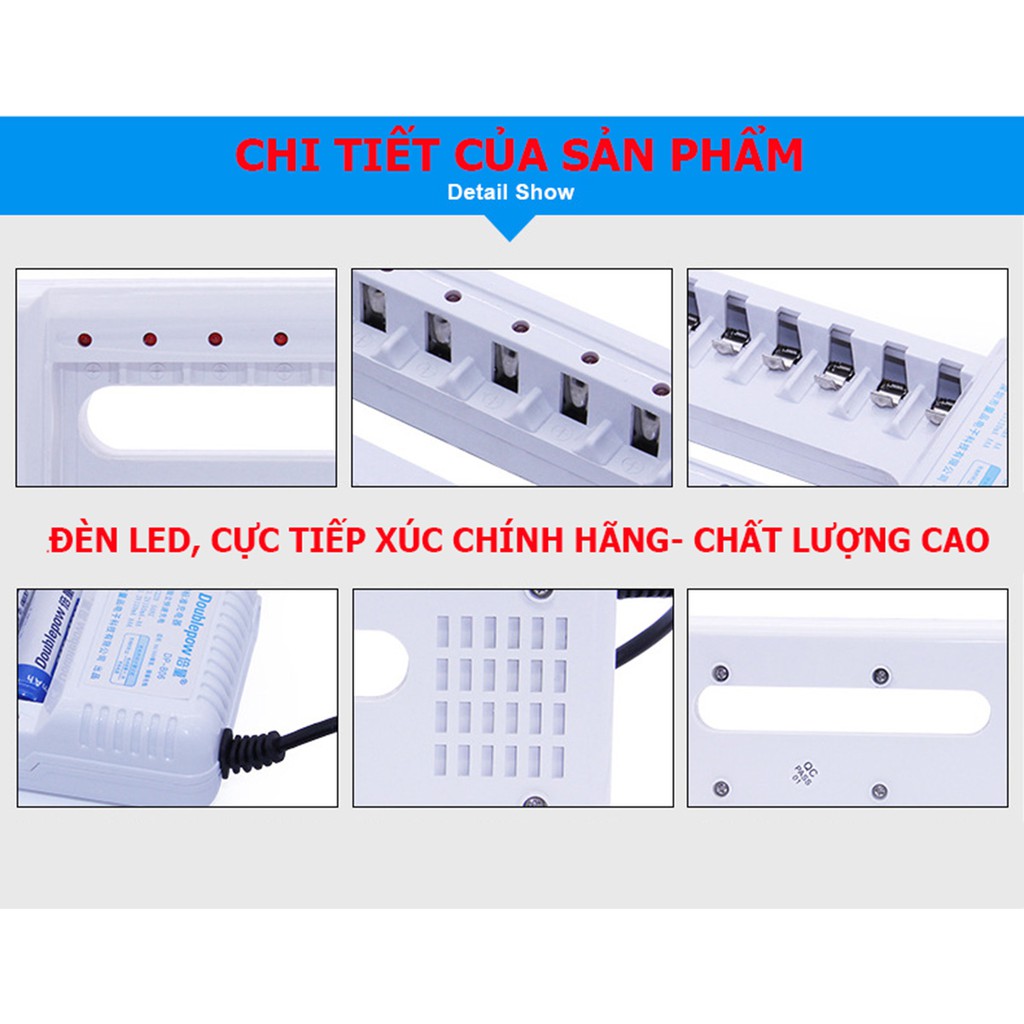 Combo Sạc pin 6 cổng, sạc AA, AAA DP-B06 - DoublePow + tặng kèm pin AA, AAA cùng hãng (tùy chọn loại pin)