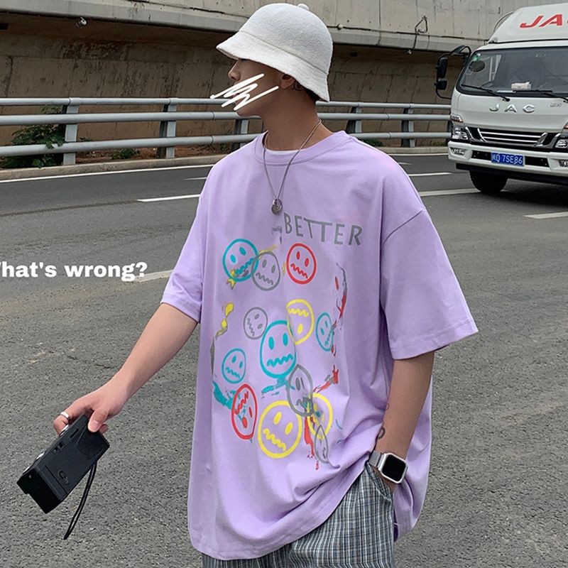 Áo thun tay lỡ nam nữ, áo phông unisex form rộng chất cotton mát mịn thấm hút mồ hôi in hình mặt cười | BigBuy360 - bigbuy360.vn