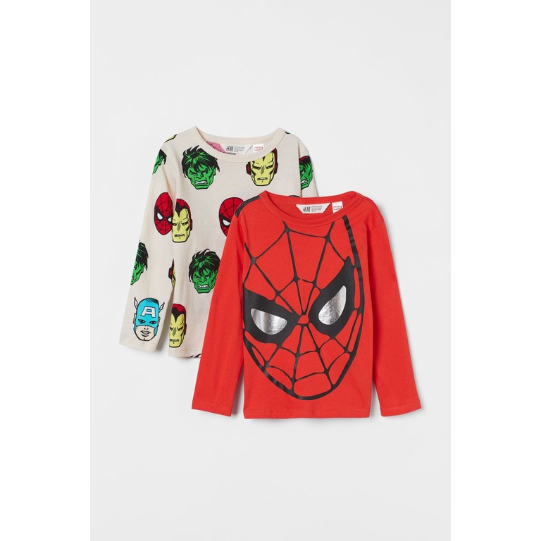 Áo thun dài tay bé trai - Set 2 áo cotton dài tay Spiderman Hm cho bé trai 2-10t