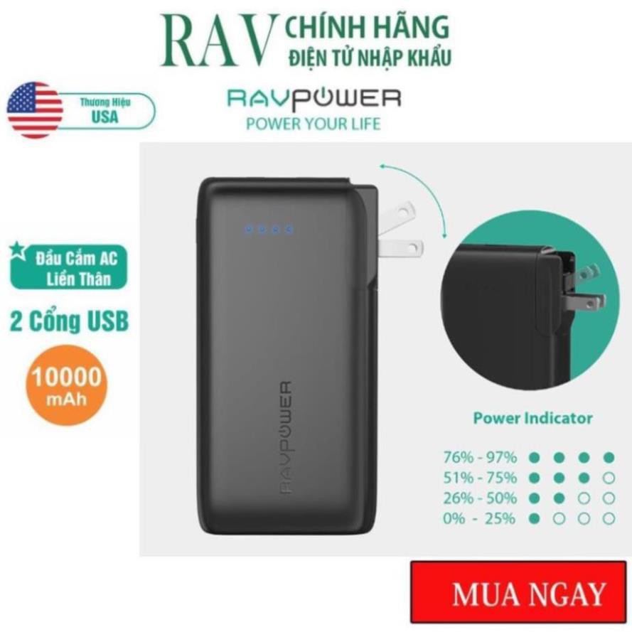 Pin Sạc Dự Phòng RAVPower 10000mAh 17W Cổng Sạc AC Dạng Gập Dòng Ra 3.4A RP-PB066 - Thương hiệu USA - Hàng Chính hãng