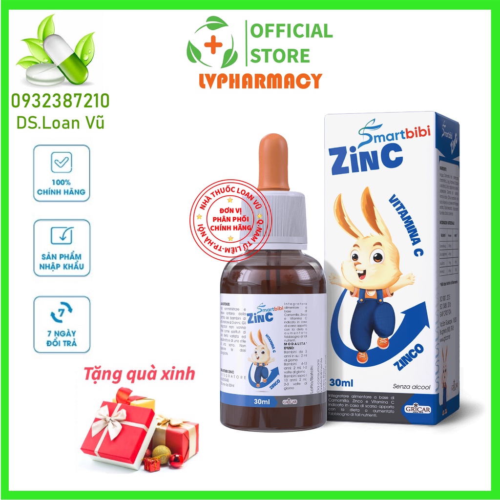 Kẽm cho bé Smartbibi Zinc Vitamin c Kẽm zinc Kẽm cho bé biếng ăn Siro ăn ngon cho bé Tăng đề kháng Bổ sung kẽm Chai 30ml