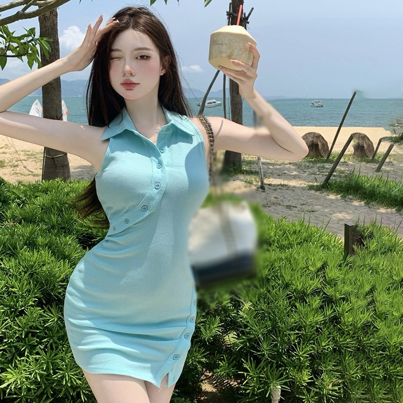 Đầm Không Tay Cổ Bẻ Cài Nút Xẻ Tà Màu Sắc Trơn Phong Cách Hàn Quốc Thời Trang Cho Nữ