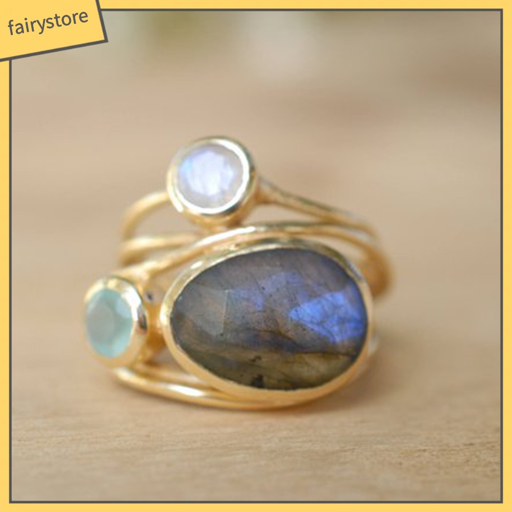 Nhẫn Đính Đá Mặt Trăng Nhân Tạo Nhiều Lớp Phong Cách Cổ Điển