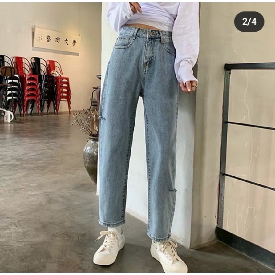[ FREESHIP ] QUẦN BAGGY JEAN NỮ LƯNG CAO XANH NHẠT RÁCH 2 BE LỆCH UTI