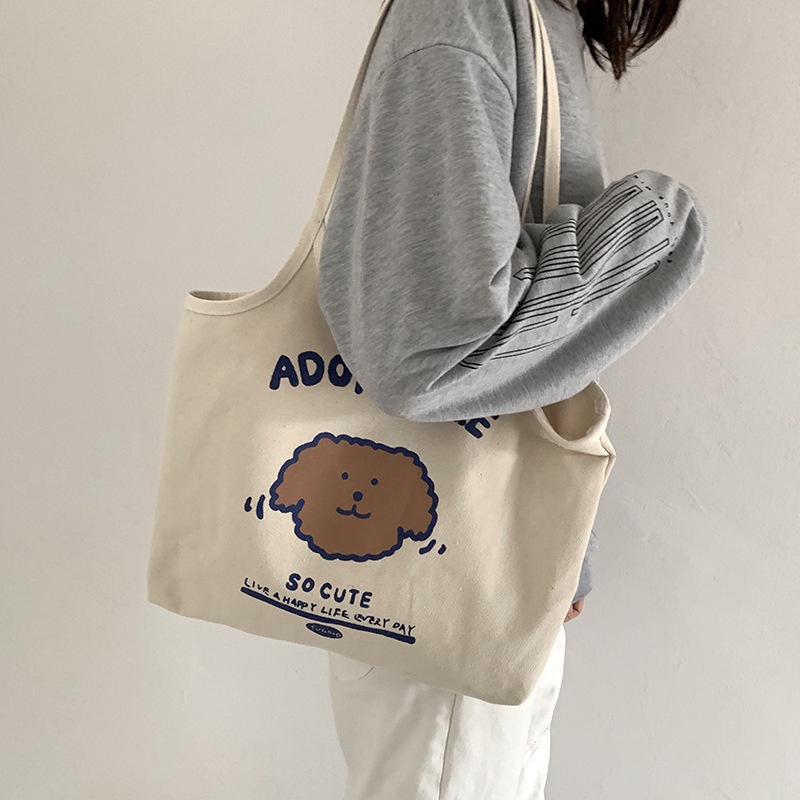 Túi đeo vai bằng vải canvas mềm in họa tiết hoạt hình dễ thương cho nữ