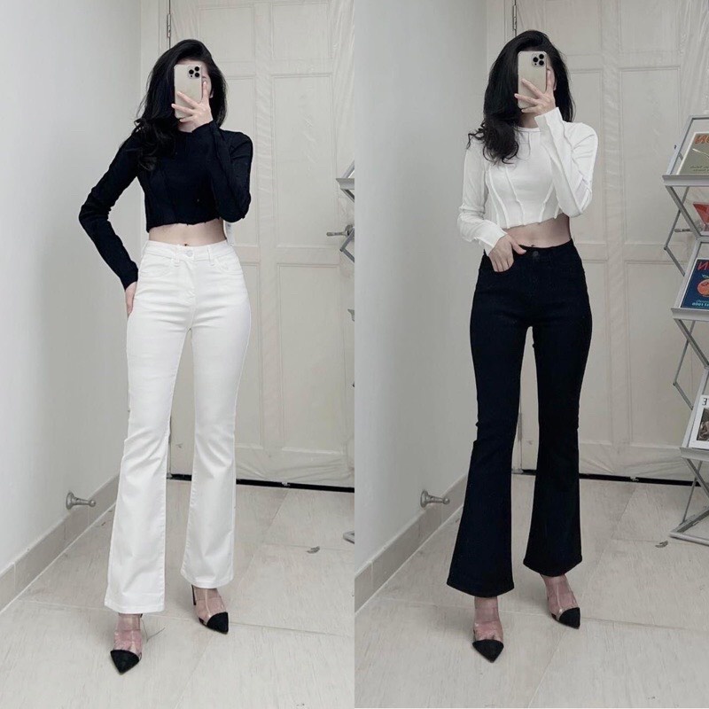 Quần Jean Ống Loe Lưng Cao Trắng Đen Co Giãn - 532
