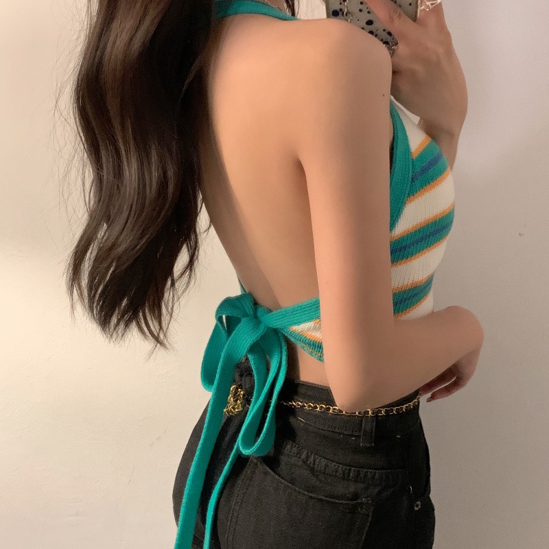 Cocory vn Áo croptop vải dệt kim kẻ sọc thời trang Hàn Quốc cho nữ