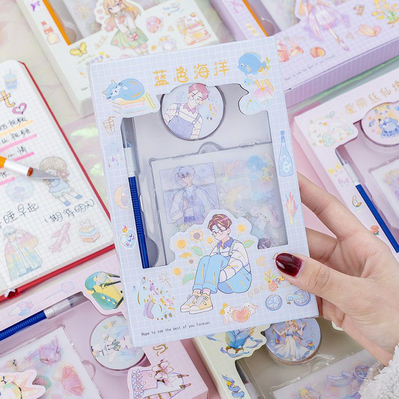 Hộp combo 6 tấm sticker Cổ trang/Chibi washi tape kèm dao cắt