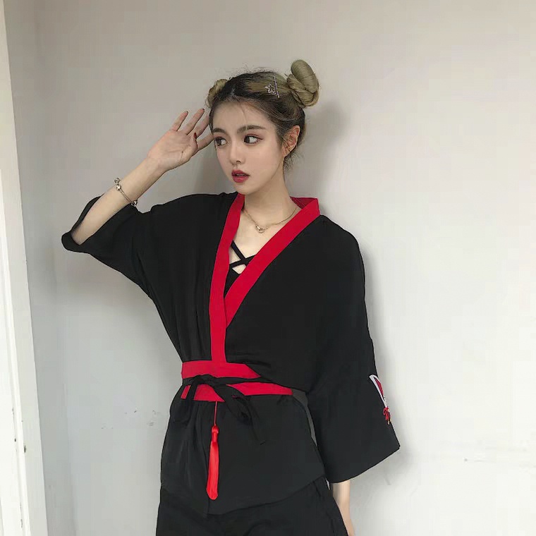 Áo haori kimono thêu Hồ ly phối viền đỏ