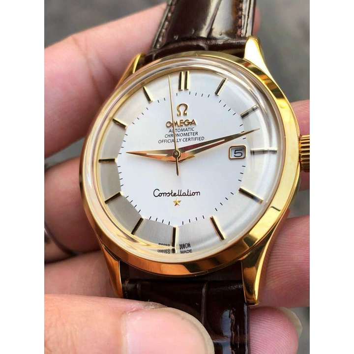 Đồng hồ Nam Omg Constellation bát quái máy nhật Myota vỏ vàng ta mặt trắng dòng cơ Automatic size 40mm dây da