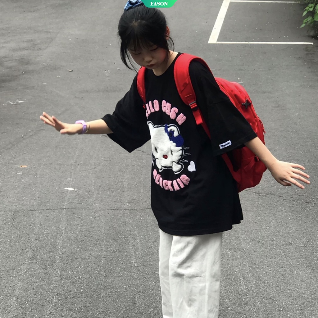 SANRIO Áo Thun Tay Ngắn Thêu Họa Tiết Hoạt Hình Hello Kitty Phong Cách Nhật Bản Thời Trang Mùa Hè Cho Nữ