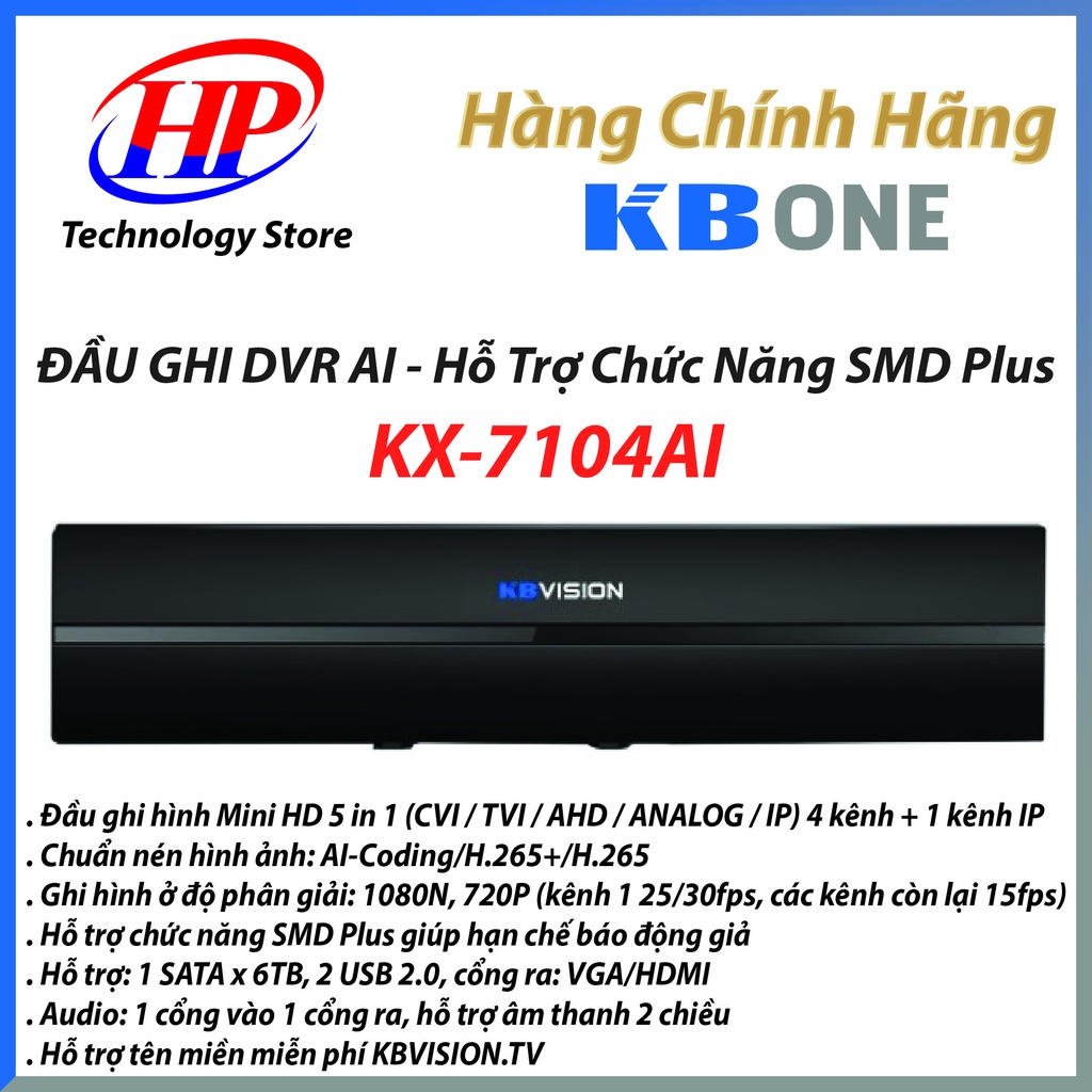 Đầu Ghi Hình Camera 4 kênh 8 kênh 5 in 1 KBVISION KX-7104Ai (1 SATA, AI-Coding/H.265+,CVI/TVI/AHD/ANALOG/IP) Chính Hãng