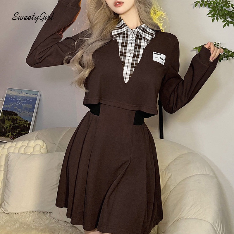 Đầm Mini Tay Dài Cổ Bẻ Họa Tiết Kẻ Sọc Màu Nâu Tương Phản Thời Trang 2022 Cho Nữ