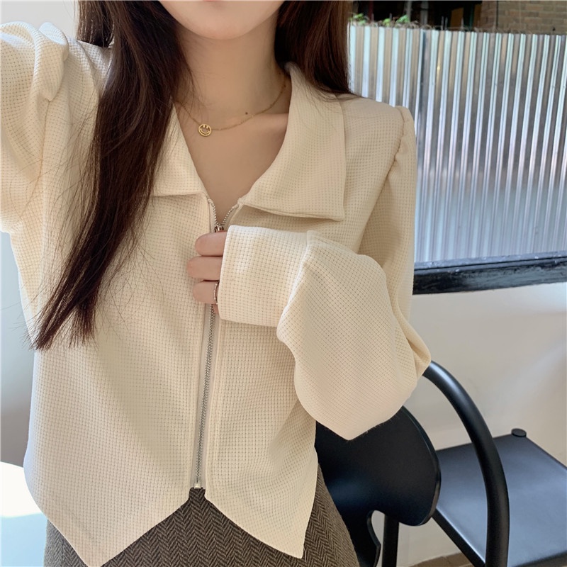 Áo cardigan dệt kim ZHELIHANGFEI tay dài cổ polo lưng cao thiết kế lệch tà phong cách cá tính