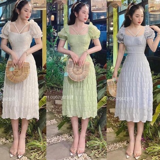 Đầm midi xô nhún dây chéo 3 màu