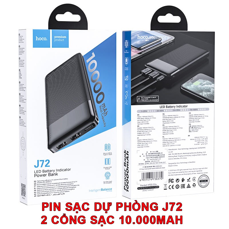 Pin Sạc Dự Phòng 2 Cổng Sạc Nhanh 2A Hoco J72 dung lượng 10000mAh Chính Hãng