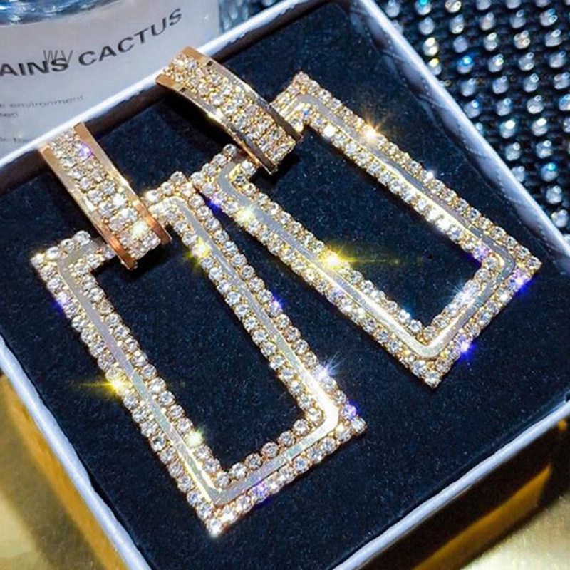 New Hot Fashion Women Rhinestone Crystal Square Geometric Drop Dangle Earrings