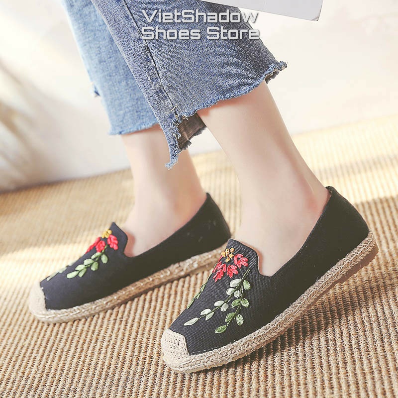 Slip on cói nữ - Giày lười vải đính hoa - Chất liệu vải bố 3 màu be, đen và đỏ - Mã SP X-11