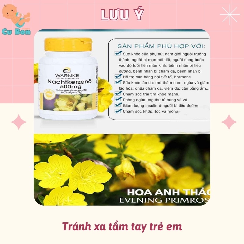 Tinh Dầu Hoa Anh Thảo Đức Warnke Nachtkerzenol 500mg 100 viên giúp làm đẹp da tóc cân bằng nội tiết tốt cho tim mạch