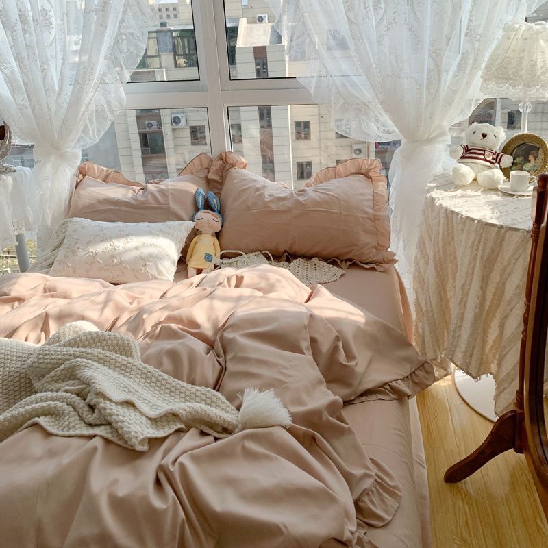Bộ chăn ga gối Viền bèo Hàn quốc cotton tici, drap bánh bèo đáng yêu - Màu kem begie