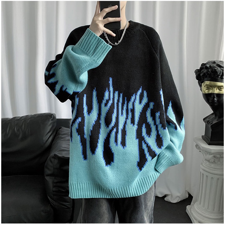 Áo sweater len nam form rộng ngọn lửa xanh đen, áo sweater nam unisex màu đen đi học đi chơi thời trang ulzzang hàn quốc