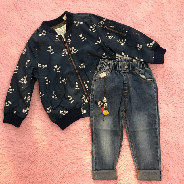 Set Mickey bomber + quần bò