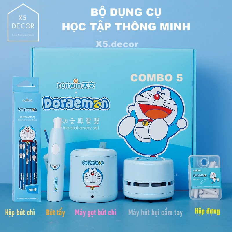 Bộ Đồ Dùng Học Tập Cute Thông Minh Doraemon An toàn - Máy gọt bút chì, Máy tẩy xóa, Máy hút rác vụn - BH 12 tháng