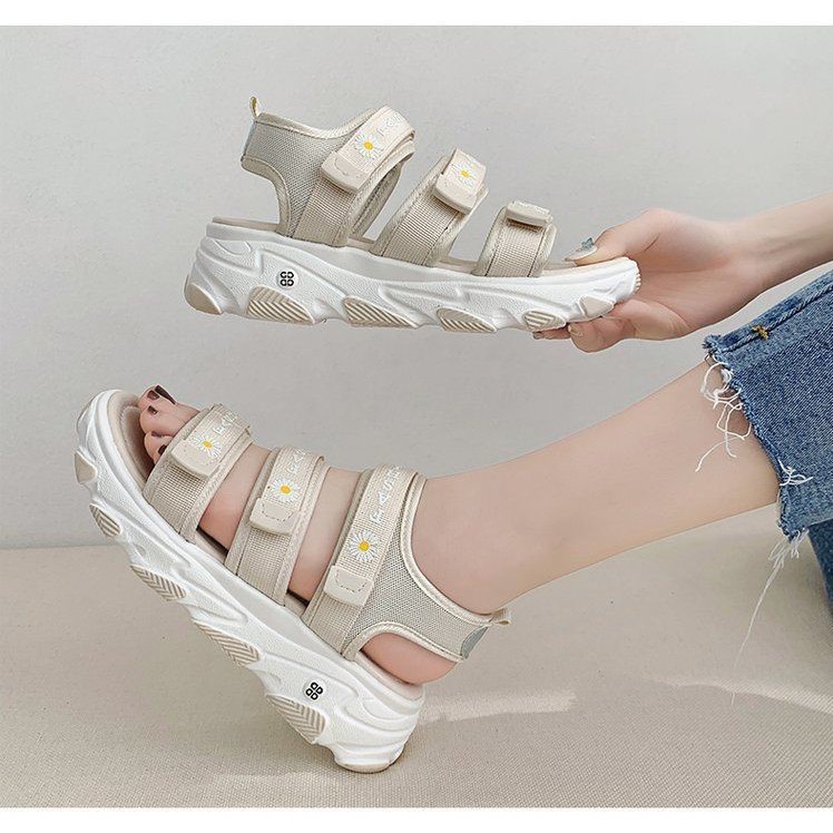 Dép Sandal (Xăng Đan) nữ độn đế 5cm thời trang ulzzang Hàn Quốc 3 quai dán in Hoa cúc cực xinh NB-15