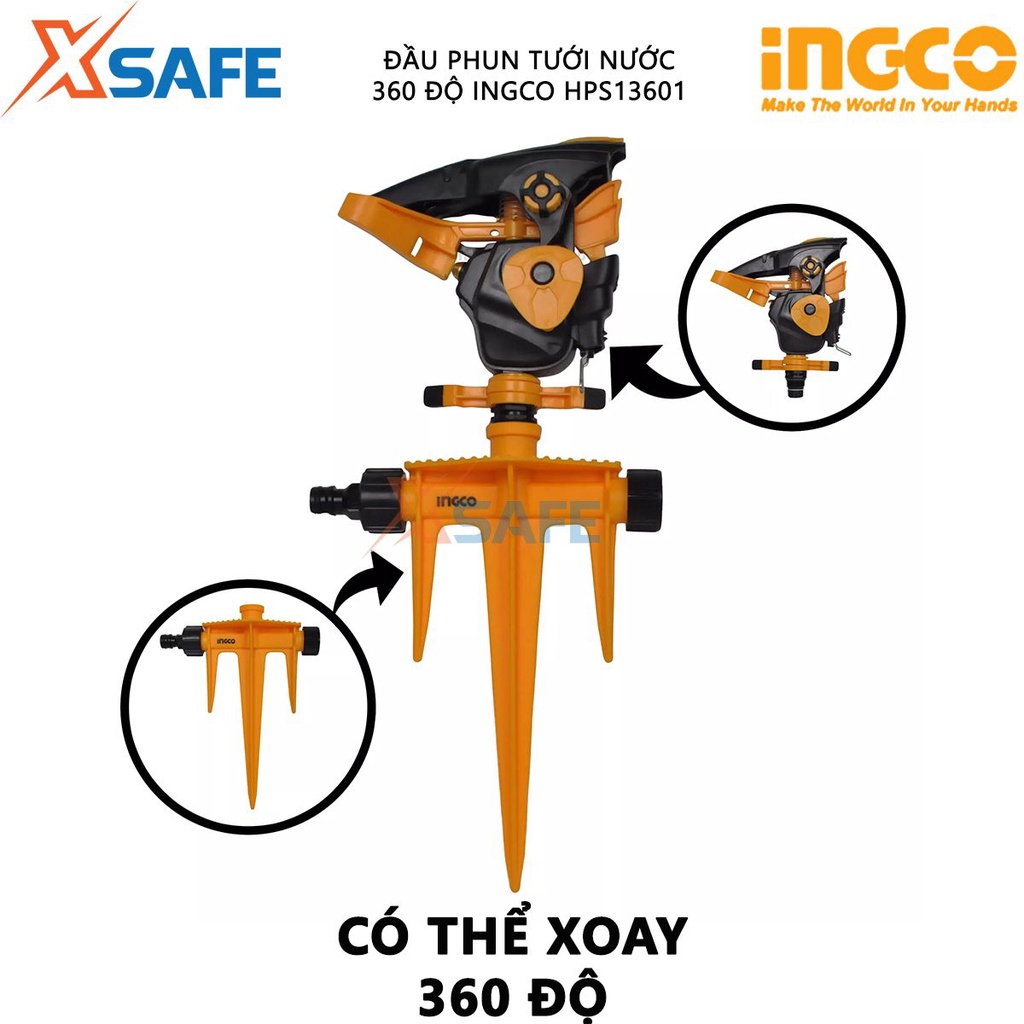 Đầu phun tưới nước 360 độ INGCO HPS13601 -  Chất liệu: ABS + PP, bộ khớp nối 3/4&quot;, 3 ty gài nhựa, có thể xoay 360 °