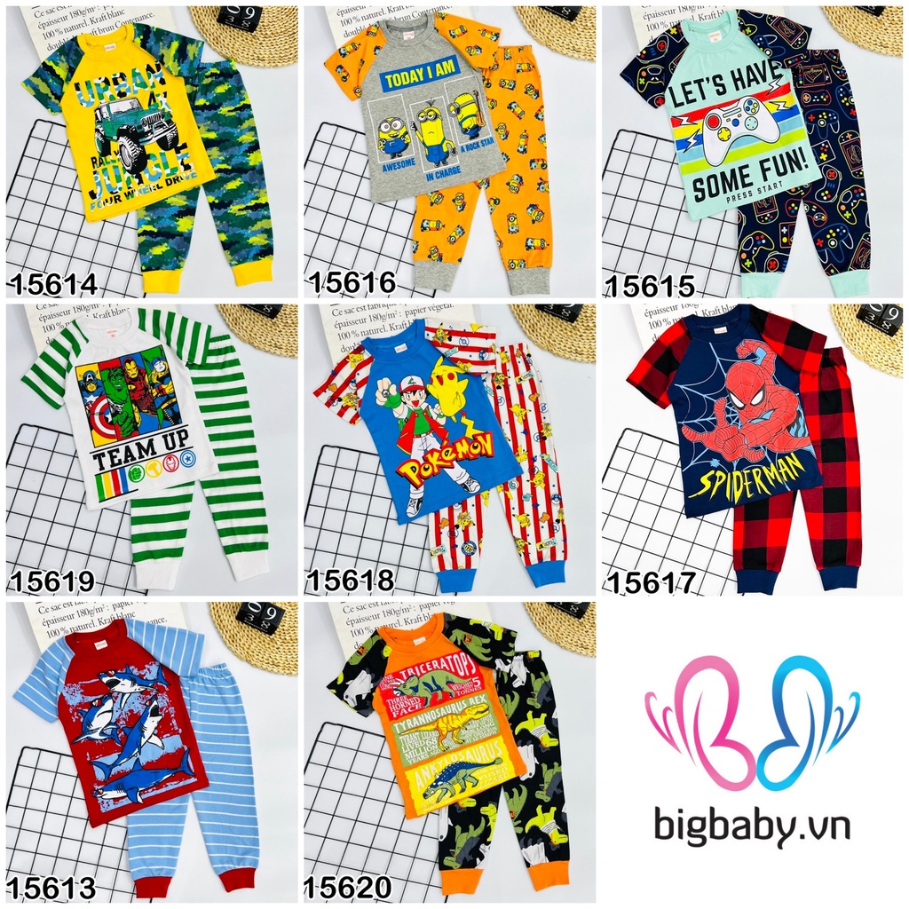Bộ thun Bigbaby tay ngắn quần dài nhiều mẫu họa tiết dễ thương cất thun mềm cho bé trai 9-22kg