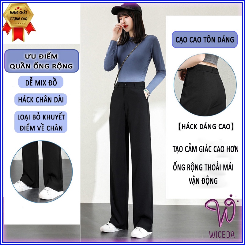 Quần ống rộng suông dài cạp cao đẹp,quần culottes dài chất tuyết mưa dày dặn hai màu đen be sáng  Wiceda QT660