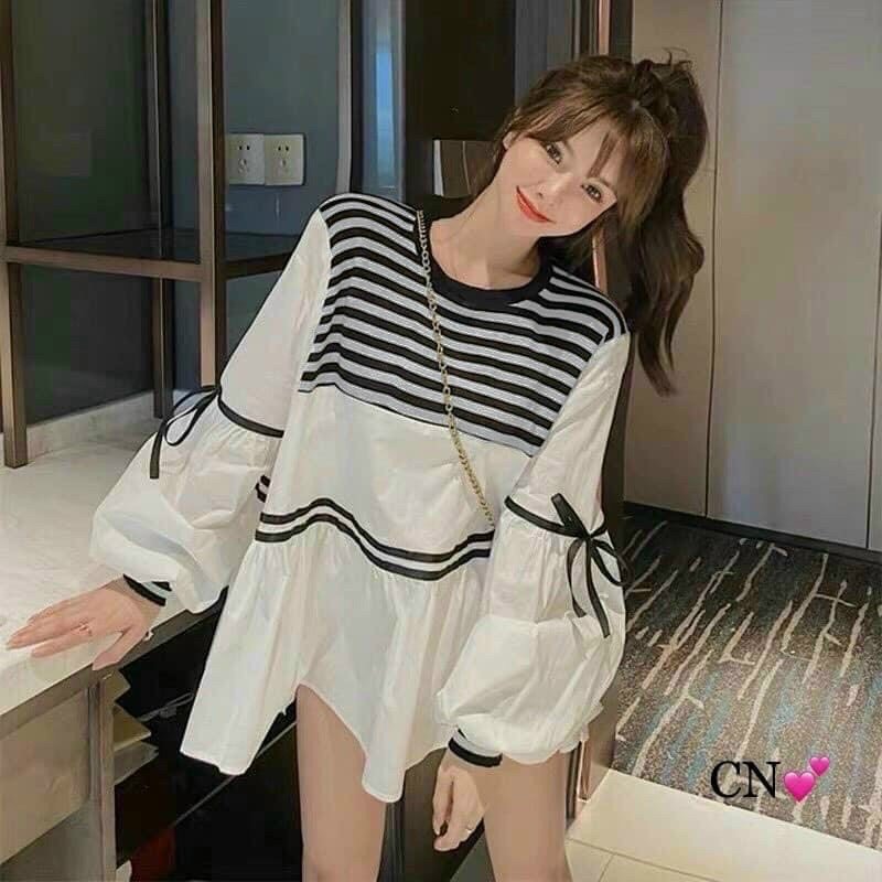 Áo phối sọc tay nơ  KÈM ẢNH THẬT  BAO KIỂM ❌