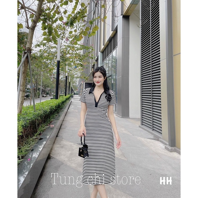 Váy body kẻ cổ bẻ khoá ngực đầm polo cổ so mi-Minxy shop