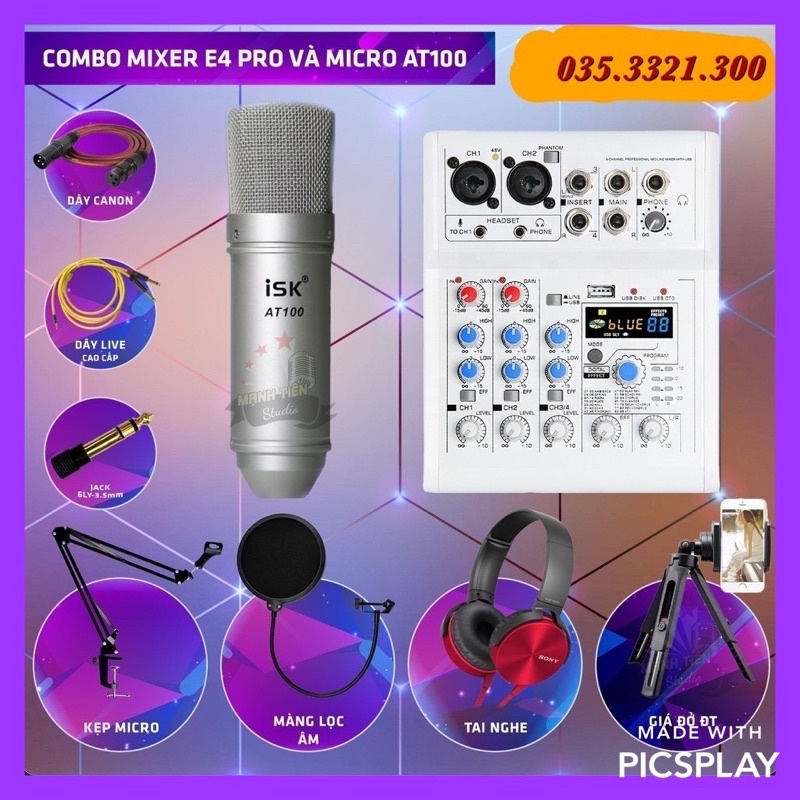 Chọn Bộ thu âm karaoke livestream Cao Cấp 2021 Mixer E4 và Micro ISK AT100 Chính Hãng-tặng full phụ kiện bảo hành 12T