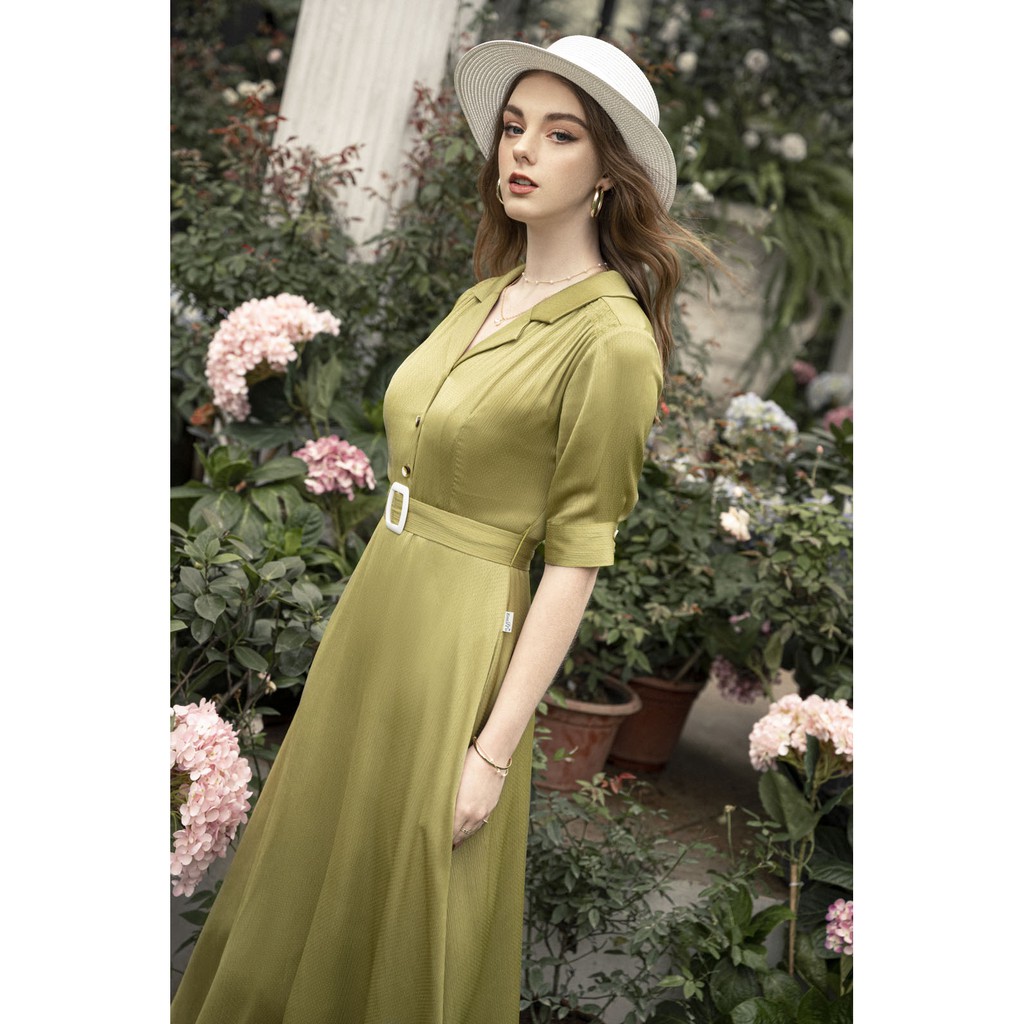 Đầm xòe cổ be, chun vai, đai eo rời Emspo DM4023