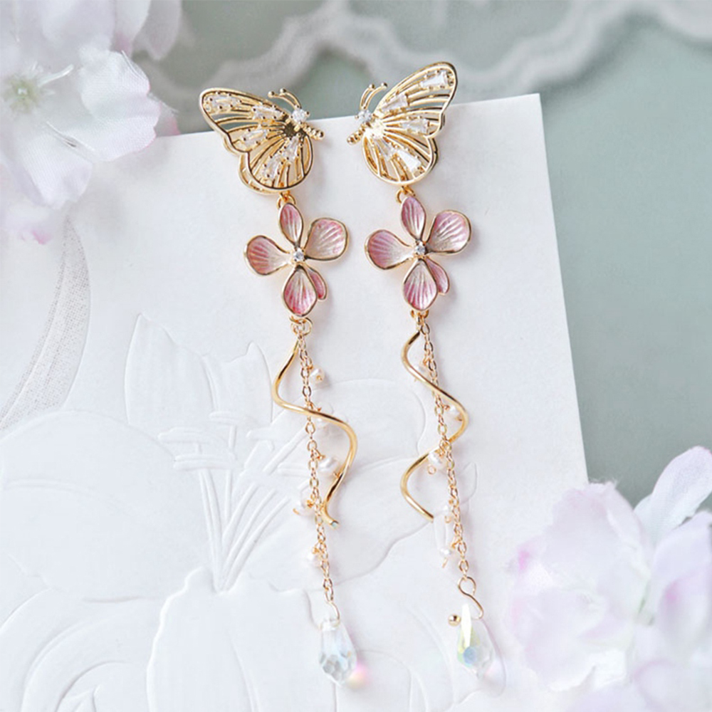 Bông tai thả dáng dài hình bướm đính đá S925 thời trang cho nữ