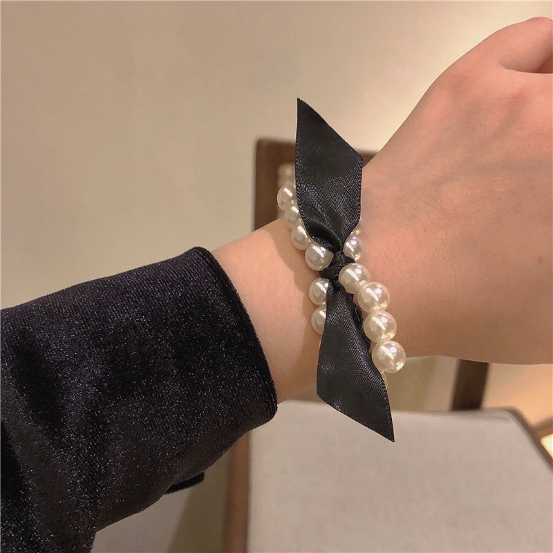 Dây cột tóc nơ đính hạt trai phong cách hàn quốc mới