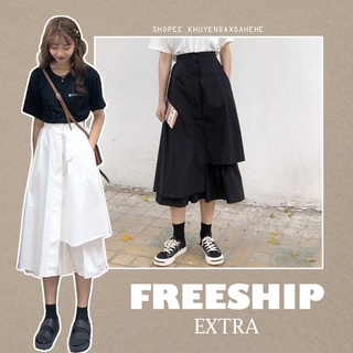 SUCV001 Chân váy maxi 2 lớp đen trắng lệch tà xếp tầngretro Ulzzang Đầm Midi dài qua gối lưng cao xòe chữ A Hàn Quốc hot