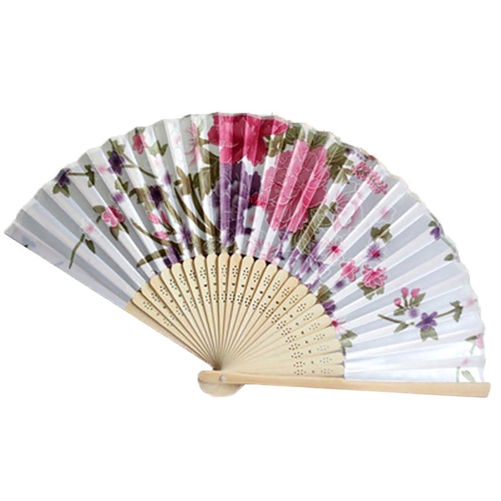 Quạt xếp cầm tay chất liệu vải satin in họa tiết hoa dùng làm phụ kiện trang trí