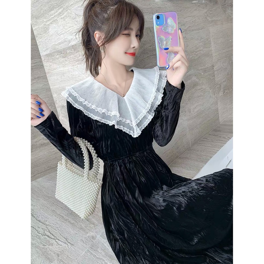 .VÁY ĐẦM  NHUNG DÀI  TAY CAO CẤP PHỐI VOAN