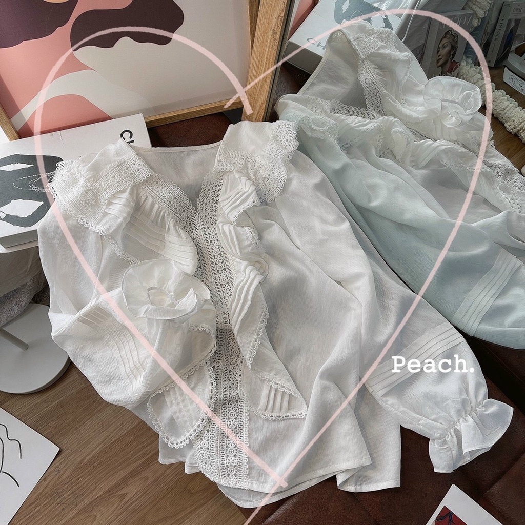 Áo cổ bèo trắng chạy ren tay bo