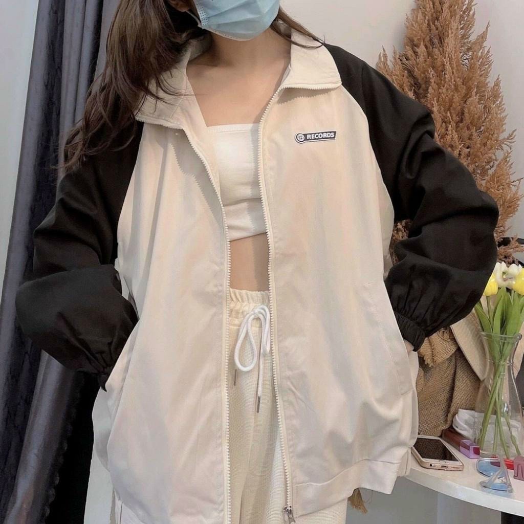 Áo khoác dù nữ phối màu RECORDS bomber, Áo khoác gió Jacket chống nắng 2 lớp SENAVA AK37