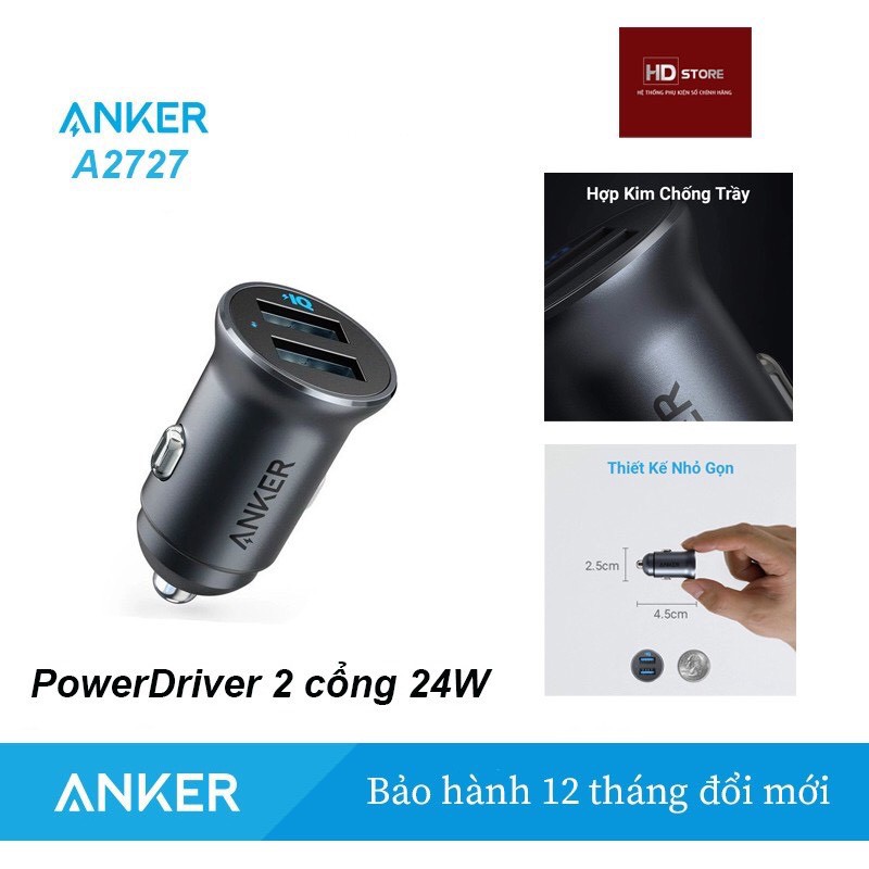 Tẩu Sạc Ô tô ANKER PowerDrive Alloy 2 Cổng 24W - Mã A2727