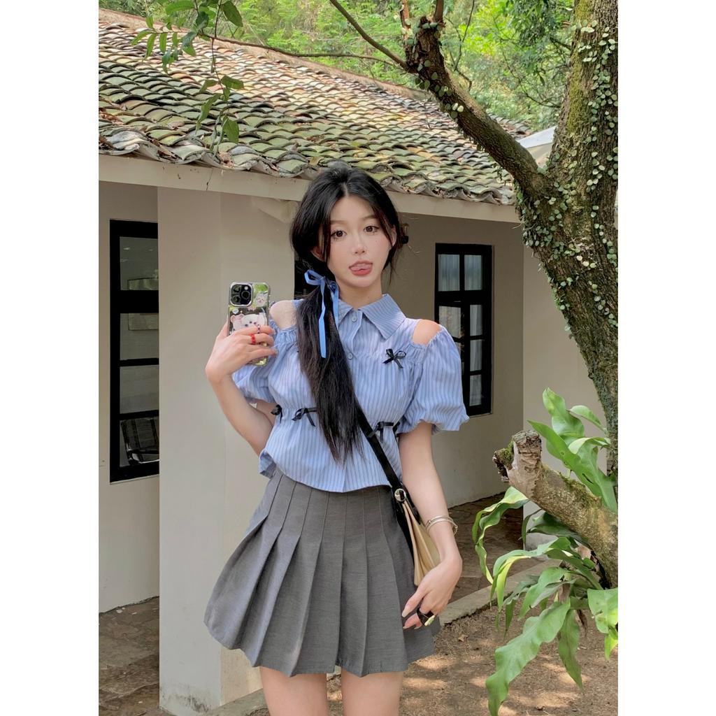 「 WELOVE1 」Áo Sơ Mi Búp Bê Tay Ngắn Bồng Kẻ Sọc Màu Xanh Dương Phối Nút Thắt Nơ Phong Cách Hàn Quốc Giản Dị Dành Cho Bạn Nữ